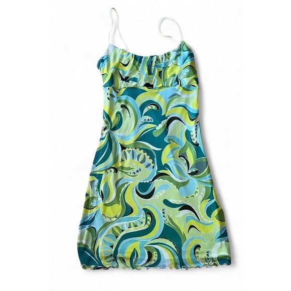 No Commitment Mesh Mini Dress Vintage Inspired Groovy Print Sleeveless Stretch L - Picture 1 of 8